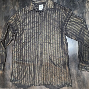 Zara Gold/Black Shimmering Stripped Button Up Blouse Size L Large